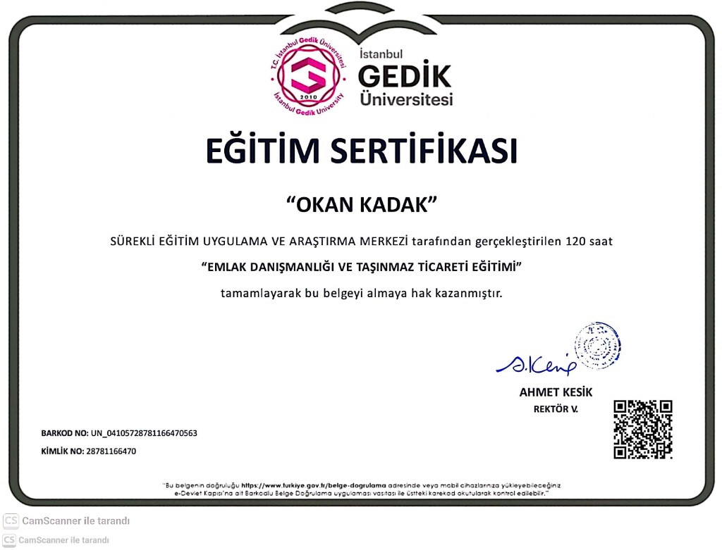 İstanbul Gedik Üniversitesi · Emlak Danışmanlığı ve Taşınmaz Ticareti Eğitim Sertifikası
