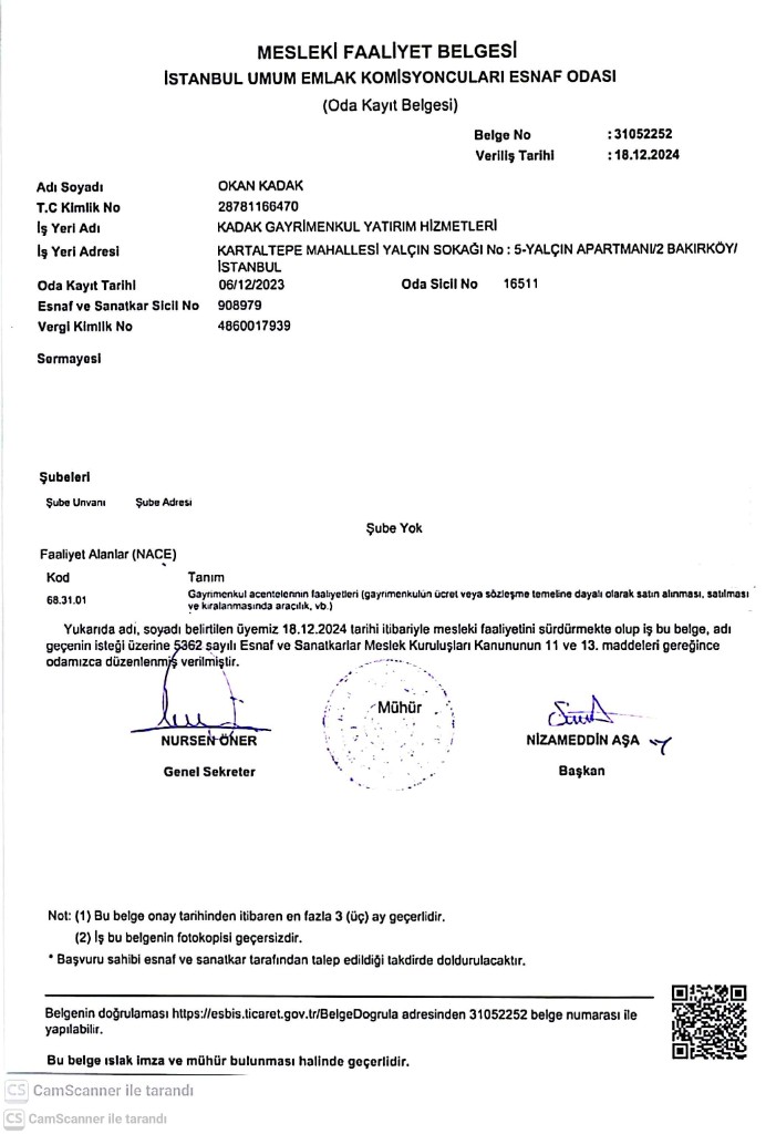 İstanbul Umum Emlak Komisyoncuları Esnaf Odası · Mesleki Faaliyet Belgesi