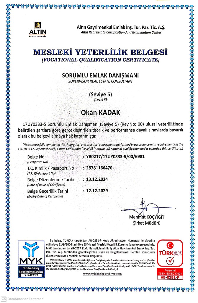 MYK · Mesleki Yeterlilik Belgesi · Sorumlu Emlak Danışmanı (Seviye 5)