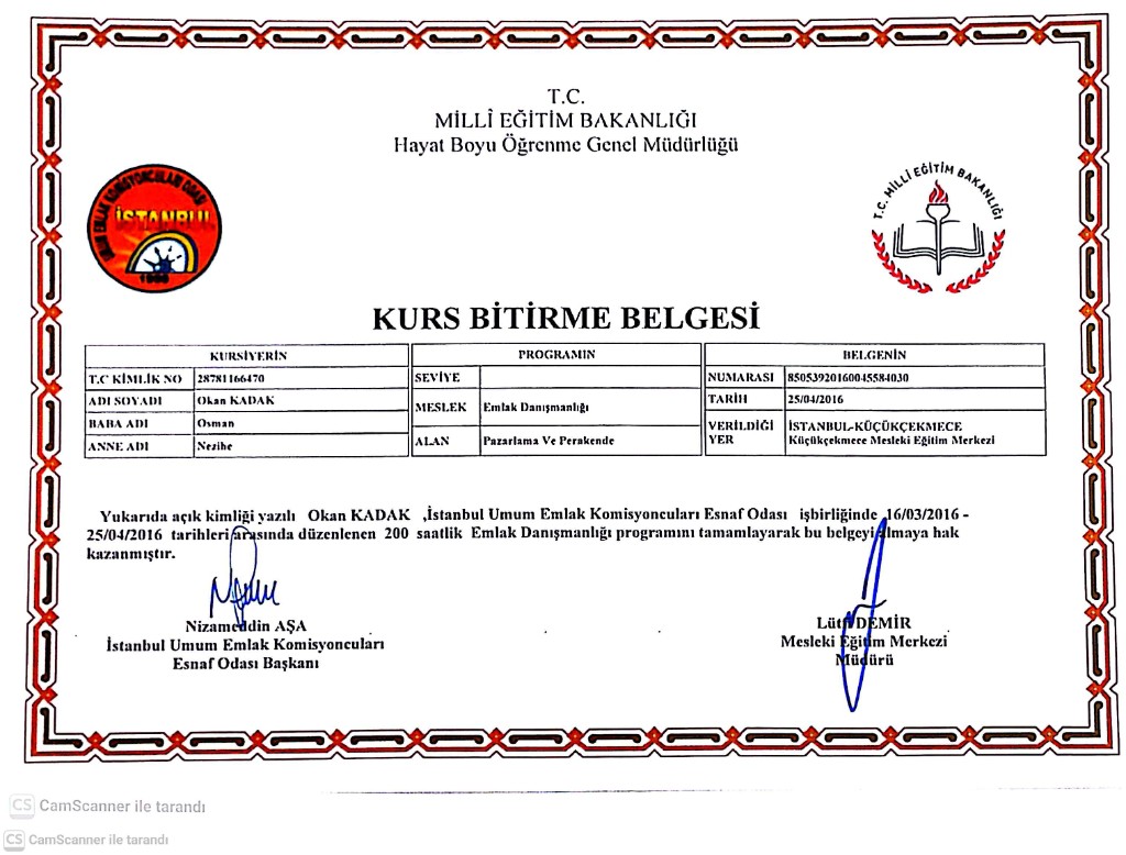 T.C. Millî Eğitim Bakanlığı · Kurs Bitirme Belgesi (Emlak Danışmanlığı)